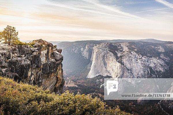 Elevated view of valley below rock formations  Yosemite National Park  California  USA