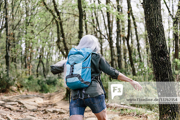 Rückansicht einer reifen Backpackerin beim Waldspaziergang  Scandicci  Toskana  Italien
