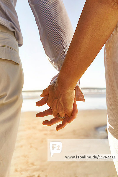 Erwachsenes Paar am Strand  Händchen haltend  Mittelteil  Rückansicht