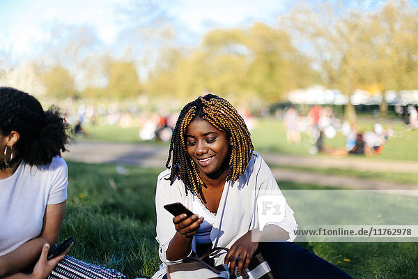 Teenage girl  sitting on grass  looking at smartphone  smiling