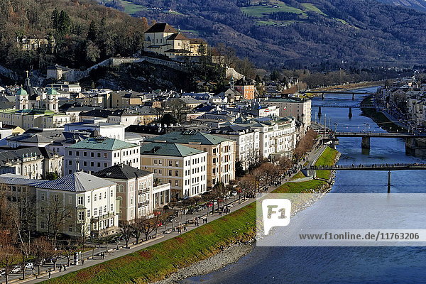Salzach River and Kapuzinerberg Hill  Salzburg  Austria  Europe