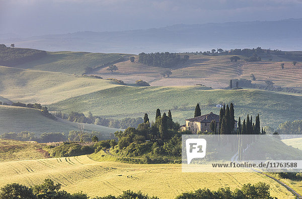 Sonnenaufgang über den sanften grünen Hügeln und den typischen Bauernhäusern von Val d'Orcia  UNESCO-Weltkulturerbe  Provinz Siena  Toskana  Italien  Europa