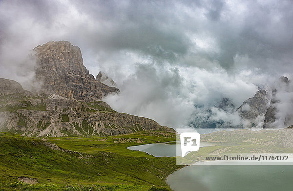 Piani lakes and Scarpieri peak on a foggy and cloudy day Dolomites Alto Adige district Italy Europe