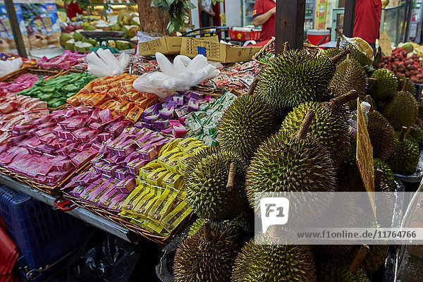 Durian fruit for sale in Chinatown  Singapore  Southeast Asia  Asia