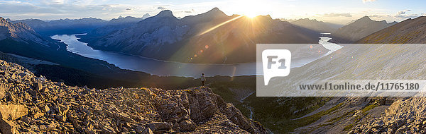 Epic panorama view of Spray Lakes at sunset from mountain peak  Alberta  Canada  North America