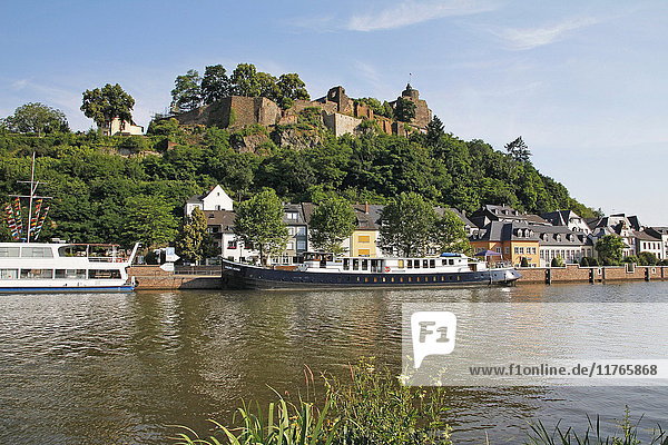 Tour Boats with Castle Ruin in Saarburg on Saar River  Rhineland-Palatinate  Germany  Europe