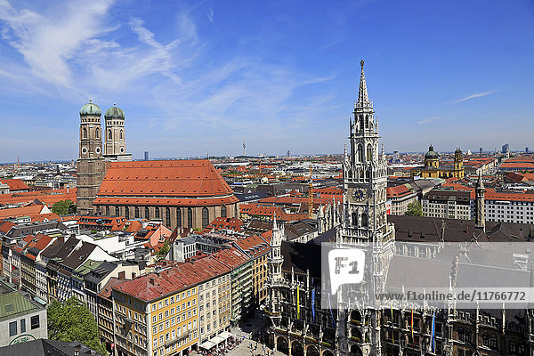 View from St. Peter's Church down to Marienplatz Square  City Hall and Church of Our Lady  Munich  Upper Bavaria  Bavaria  Germany  Europe