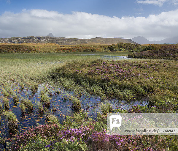 Blick auf die Berge von Assynt und Coigach vom Loch Garvie  Ross und Cromarty  Highlands  Schottland  Vereinigtes Königreich  Europa