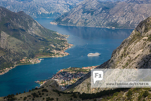 Cruise ship in the Bay of Kotor  UNESCO World Heritage Site  Montenegro  Europe