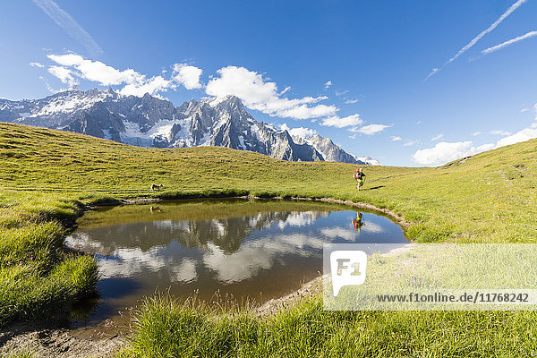 Wanderer mit Hund bewundert die sich im Wasser spiegelnden Gipfel des Mont De La Saxe  Courmayeur  Aostatal  Italien  Europa