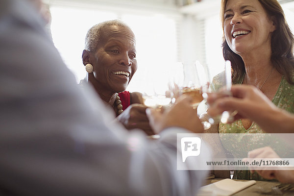 Smiling mature women drinking wine  dining at restaurant