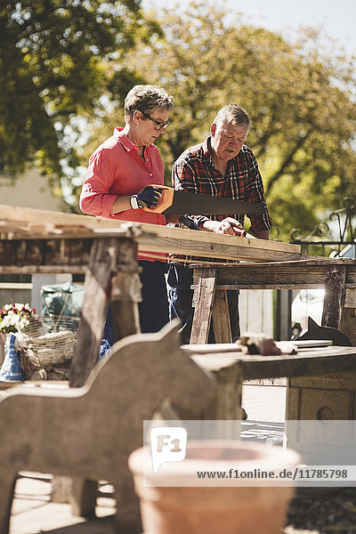 Seniorenfrau schneidet Holzbohle mit Säge  während sie mit dem Mann im Hof arbeitet.