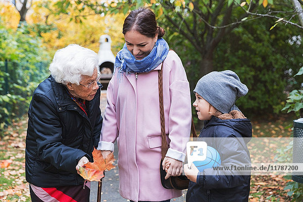 Seniorin mit Herbstblatt im Gespräch mit Urenkel und Tochter im Park