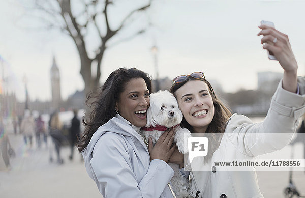 Playful  smiling lesbian couple with white dog taking selfie with camera phone in urban park  London  UK