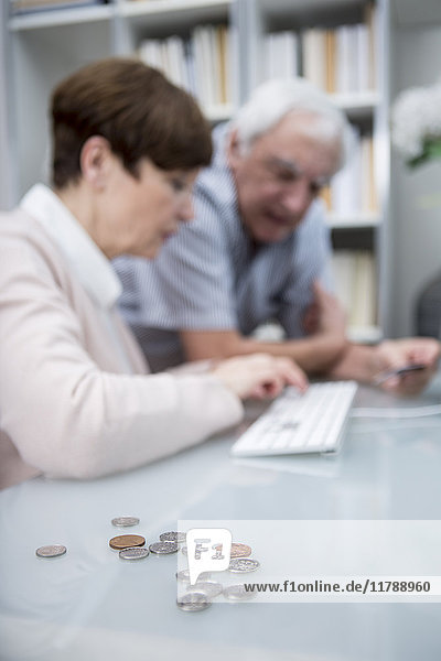Seniorenpaar mit Computer und kleinem Bargeld im Vordergrund