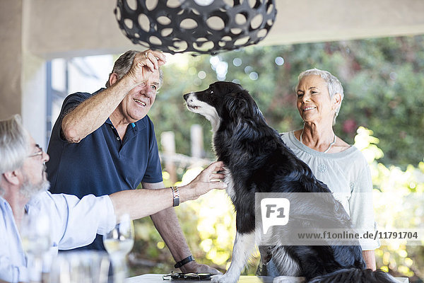 Senioren zusammen auf der Terrasse geben Hund seine Leckereien