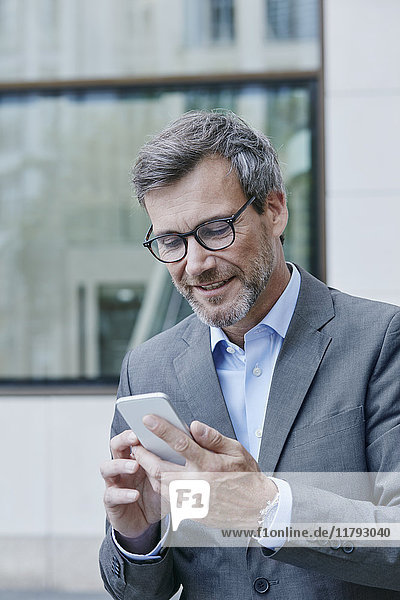 Smiling mature businessman using cell phone