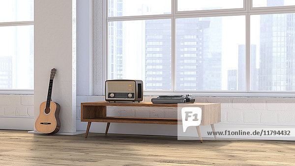Loft mit Gitarre  Radio und Plattenspieler auf Sideboard  3D-Rendering