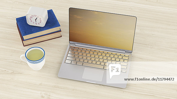 3D Rendering  Laptop auf Schreibtisch mit Tasse Tee und Uhr auf Büchern