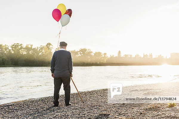 Rückansicht des älteren Mannes mit Ballons am Flussufer am Abend