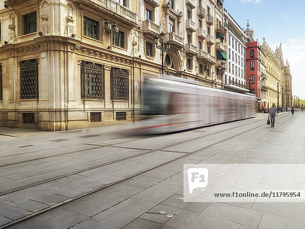 Spain Sevilla driving tram at the city