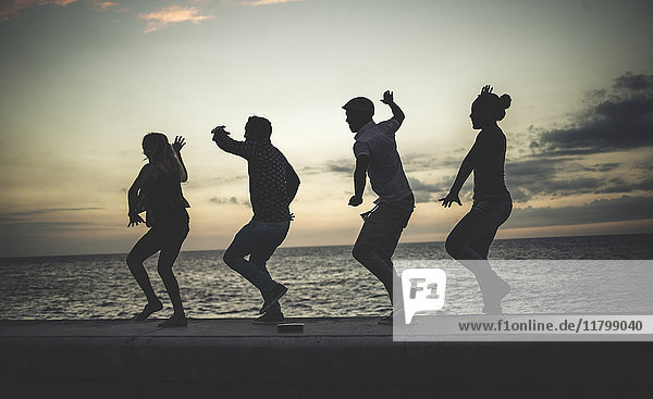 Vier Menschen tanzen in einer Reihe auf einer Seemauer vor dem Meer.