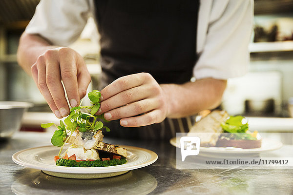 Close up of chef in kitchen adding salad garnish to a plate with grilled fish.