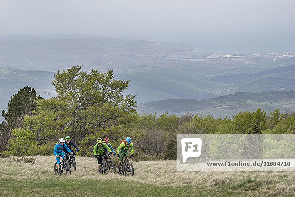 Ein Team von Radfahrern fährt mit dem Fahrrad im Gras auf einem Berg