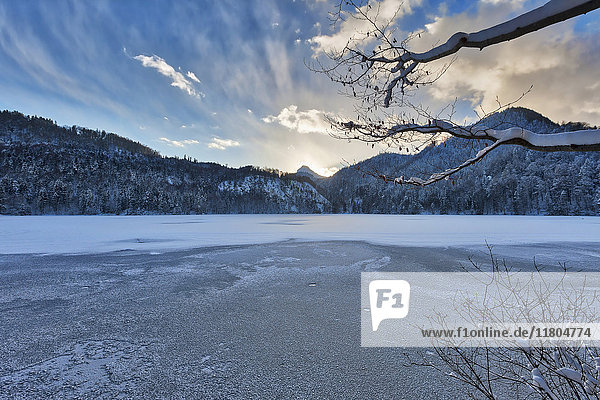Scenic view of frozen Hechtsee lake with snow covered trees and mountain