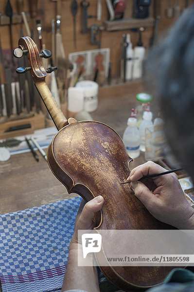 Nahaufnahme eines Geigenbauers  der eine Geige in der Werkstatt bemalt