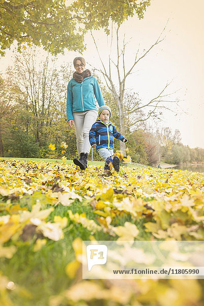 Mutter und Sohn treten Herbstblätter auf Gras