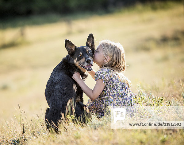 Kaukasisches Mädchen sitzt auf einem Feld und küsst einen Hund