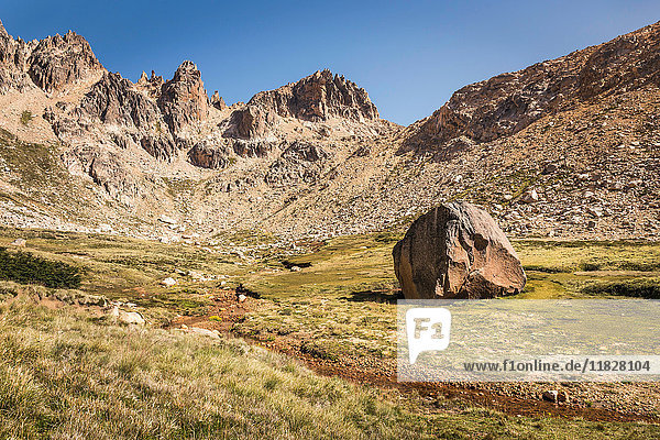 Landscape with boulder in mountain valley  Nahuel Huapi National Park  Rio Negro  Argentina