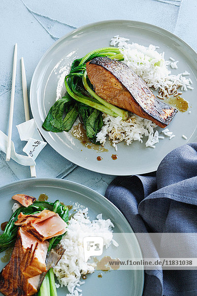 Teller mit Fisch  Reis und Gemüse