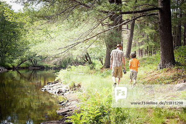 Vater und Sohn gehen im Wald spazieren