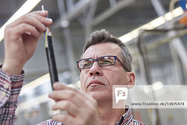 Focused male supervisor examining fiber optic cable in factory