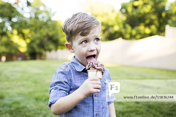 Preschool boy eating ice cream cone in summer yard