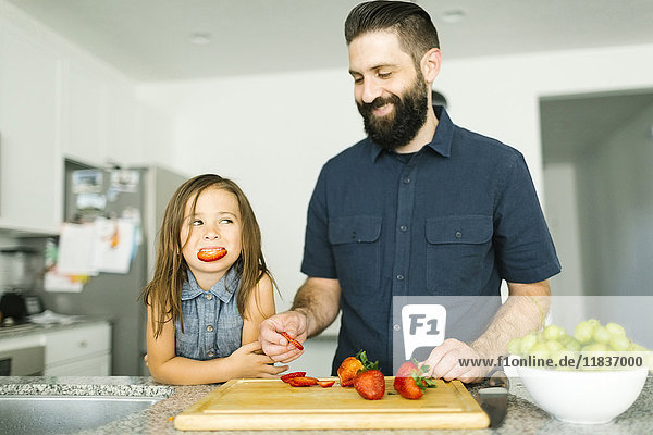 Father with daughter (6-7) eating strawberries