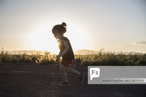 USA  Colorado  Little girl (4-5) running on dirt road at sunset