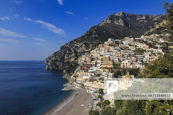 Elevated view of Positano town  church and beach in spring  Amalfi Coast  UNESCO World Heritage Site  Campania  Italy  Europe