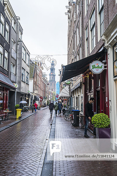 Jordaan district with the spire of Westerkerk beyond  Amsterdam  Netherlands  Europe