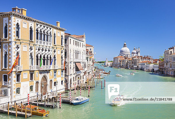 Vaporettos passieren den Palazzo Cavalli-Franchetti und die Santa Maria della Salute auf dem Canal Grande  Venedig  UNESCO-Weltkulturerbe  Veneto  Italien  Europa