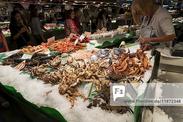 'Fresh seafood sold at Boqueria Market one of the most famous markets around Spain and the most famous in Barcelona; Barcelona Catalonia Spain'