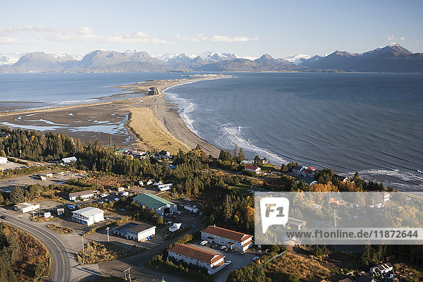 Aerial view of Homer Spit and Kachemak Bay with Kenai Mountains in the background  Southcentral Alaska  USA