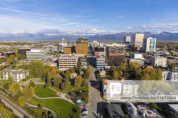 Aerial view of downtown Anchorage and 5th Ave.  Southcentral Alaska  USA