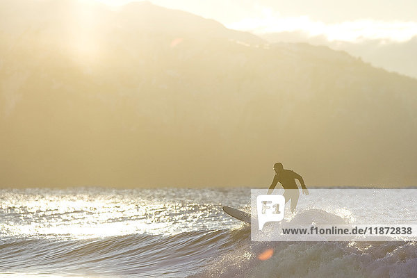 Silhouette eines Surfers auf einer Welle in der Kachemak Bay; Homer  Alaska  Vereinigte Staaten von Amerika'.