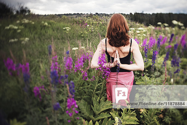 Eine Frau macht Yoga auf einer Wiese mit Wildblumen; Homer  Alaska  Vereinigte Staaten von Amerika'.