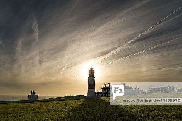 Sunlight behind a lighthouse casts a shadow on a grass field along the coast; South Shields  Tyne and Wear  England