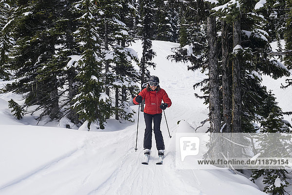 'A cross country skier in a red coat skiing on the snow covered trails of the Rocky Mountains; Whistler  British Columbia  Canada'