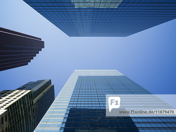 'Low angle view of the tops of skyscrapers in a blue sky; Toronto  Ontario  Canada'